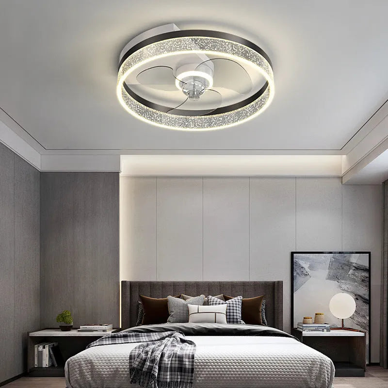 Modern Nordic style white ceiling fan with integrated light fixture for a children's bedroom.