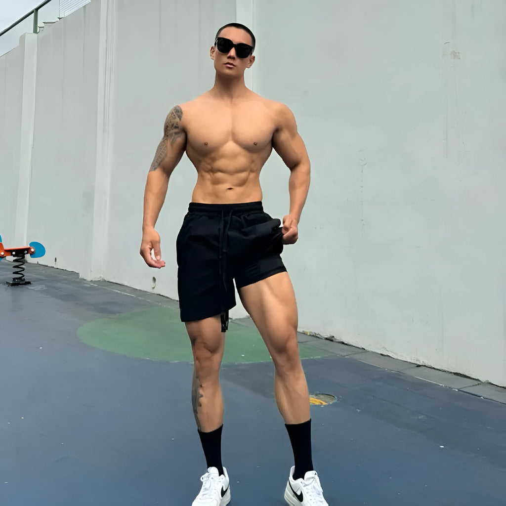 Men's ice silk quick-drying shorts in a double-layer style, shown in khaki colour.