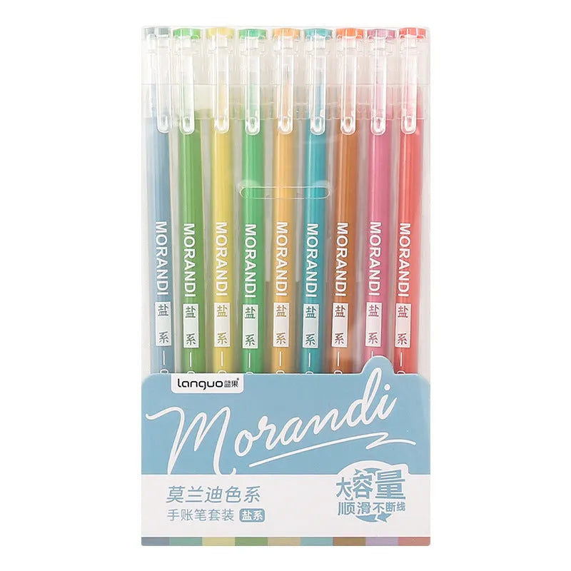 Set of nine retro-style gel pens with 0.5mm needle tips in a cardboard package.
