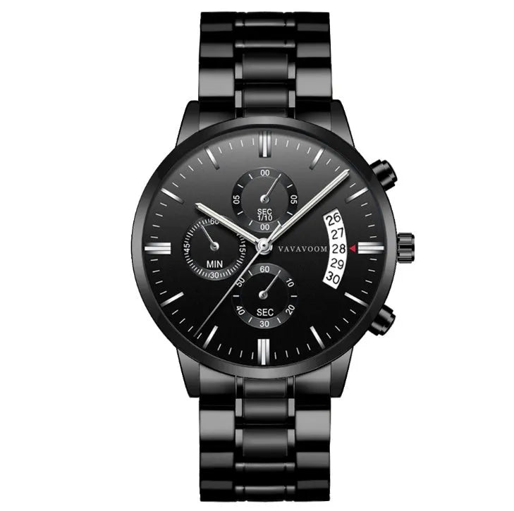 Men's stainless steel watch with 43mm dial, calendar display, and butterfly clasp in silver chain option