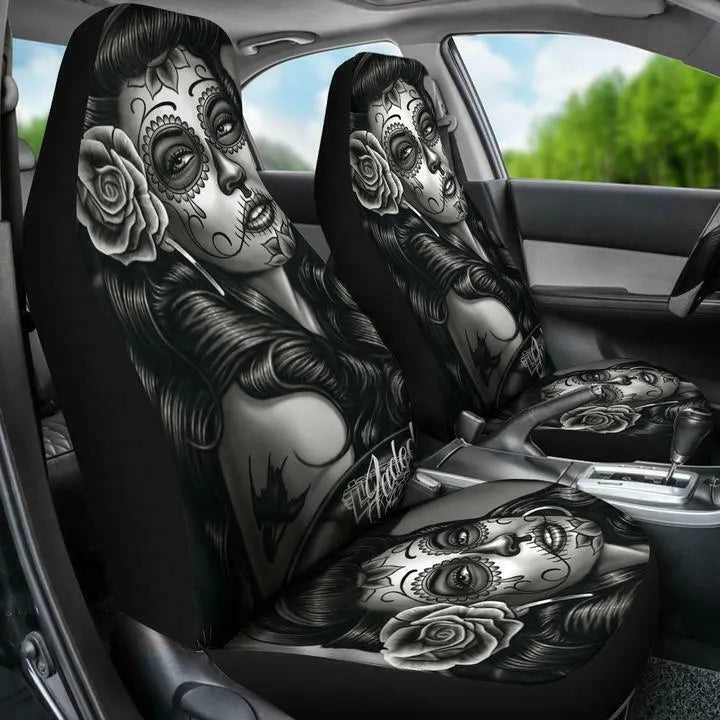 Black and white tattooed woman high back print car seat cover in fabric with ice silk finish, single or double seat option