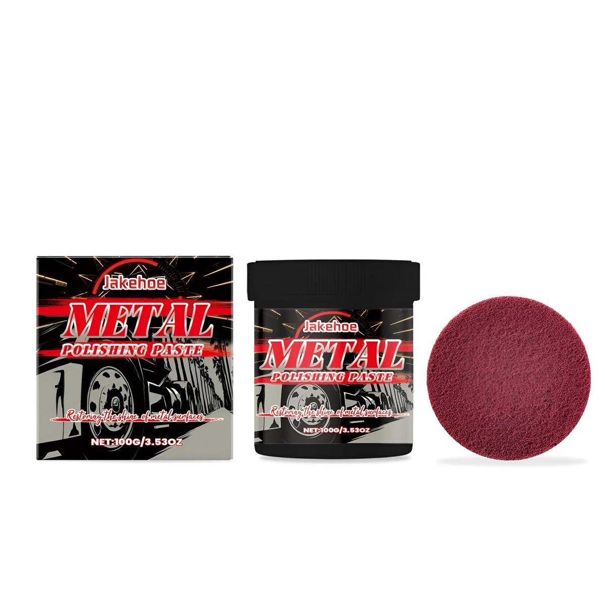 JAKEHOE 100g tin of metal polishing paste and a sponge polishing pad on a grey surface.