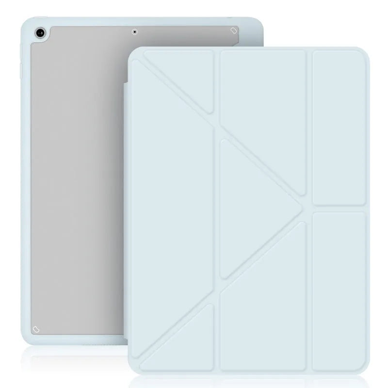 iPad leather case with folding stand open showing Apple Pencil slot and six colour options