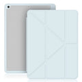 iPad leather case with folding stand open showing Apple Pencil slot and six colour options