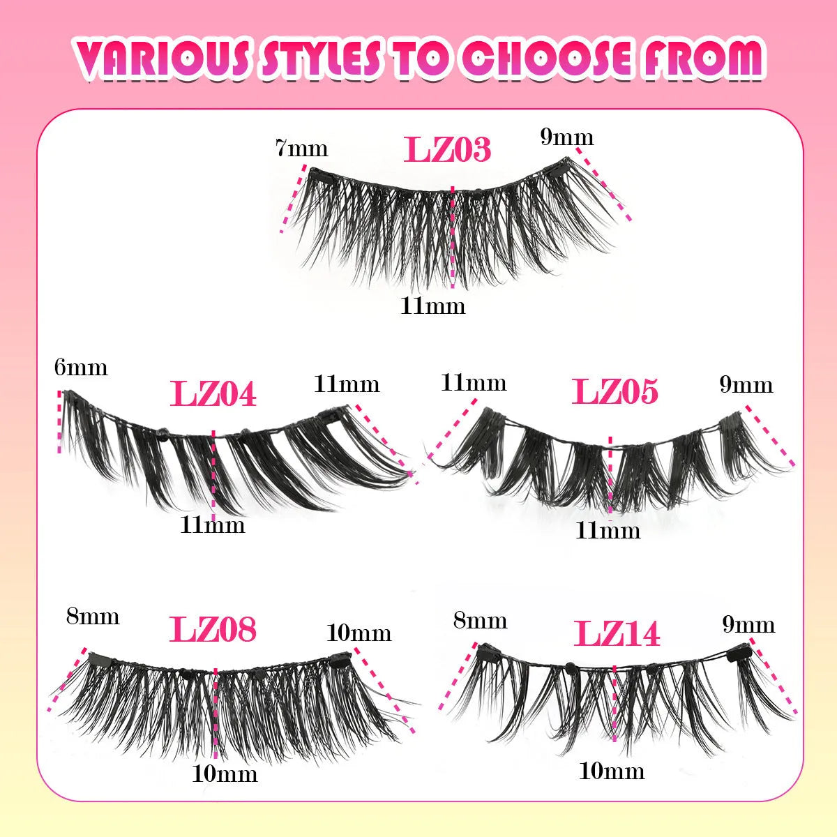 Set of reusable waterproof false eyelashes in five natural artificial fibre styles.