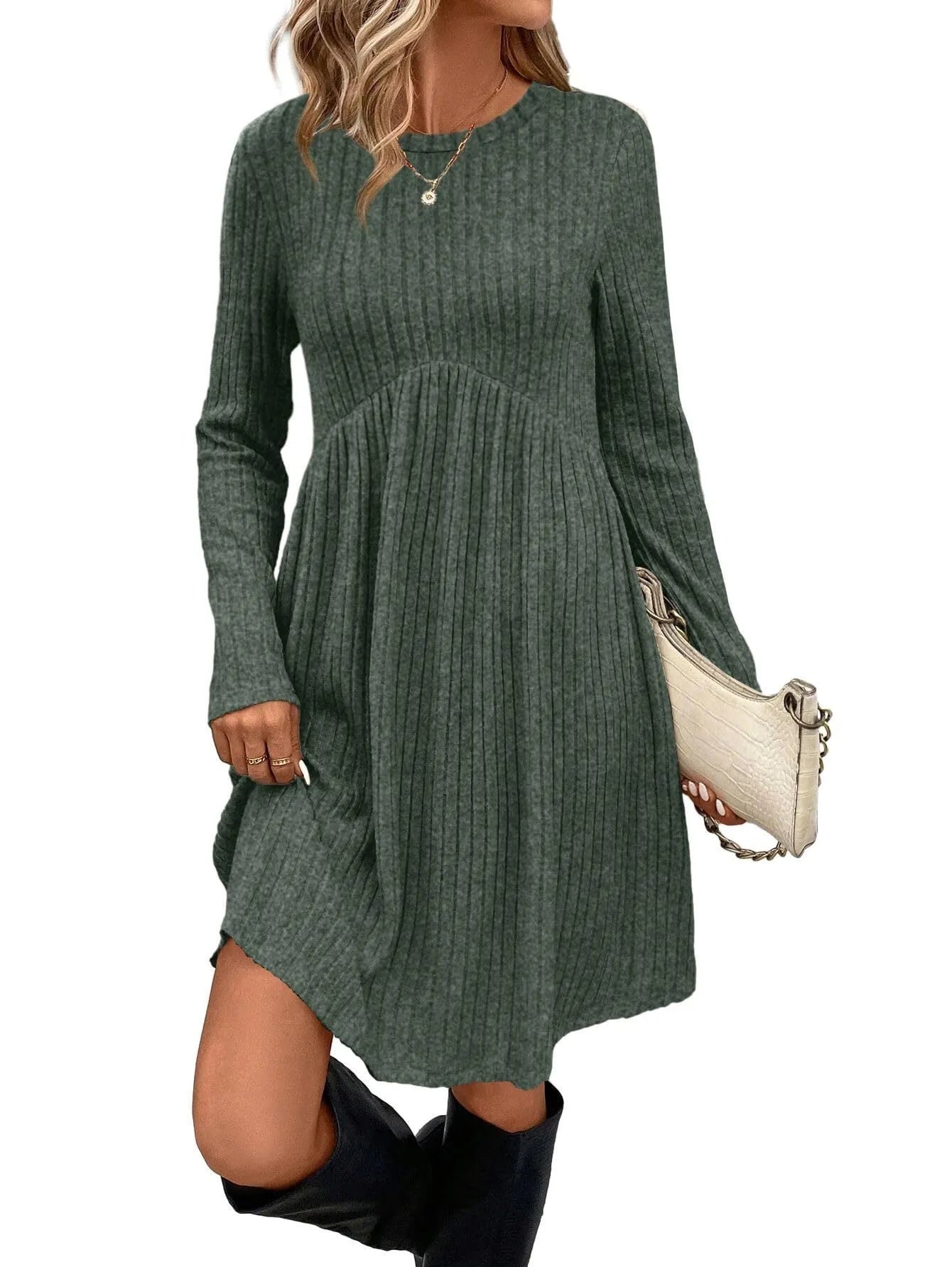 Women's bohemian brushed sunken stripe solid colour princess mid dress with wide waist, seven colours available