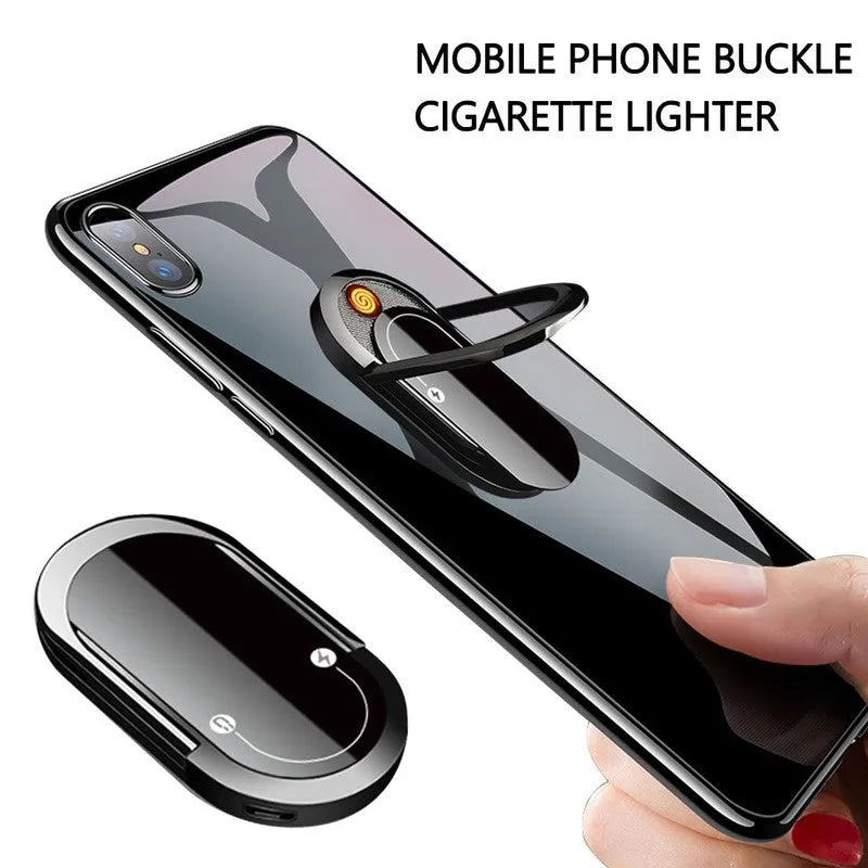 Portable USB plasma lighter with mobile phone holder, aluminium alloy, black ice colour