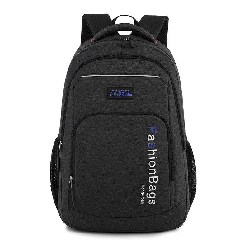 Black street trend nylon backpack showing internal laptop compartment, phone pocket, and file bag organisation.