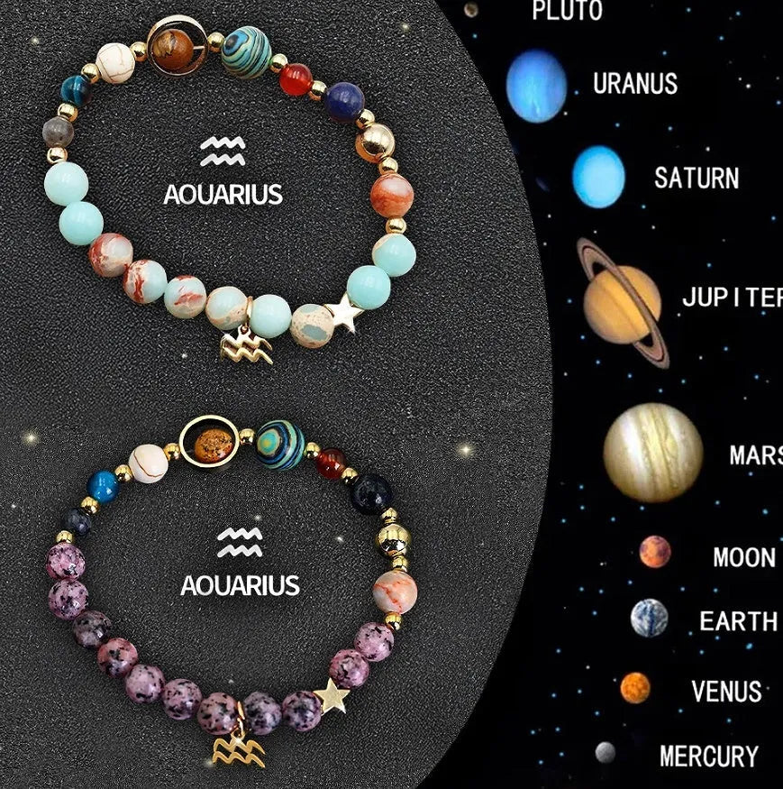 Two adjustable natural stone beaded bracelets with silver zodiac charms on a flat surface.