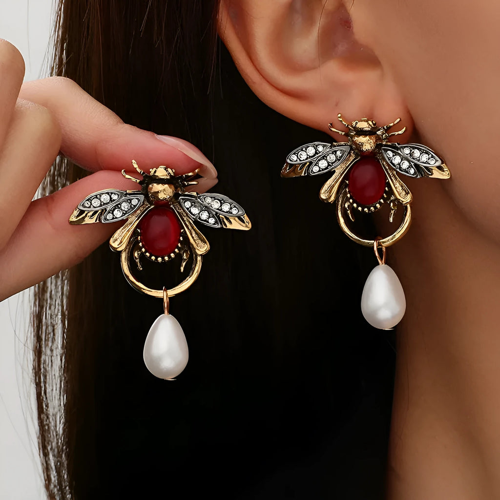 Retro insect drop earrings small bee design alloy pendant gold colour for women