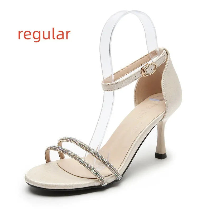 Women's satin high heel sandals round toe black 5cm heel size 35