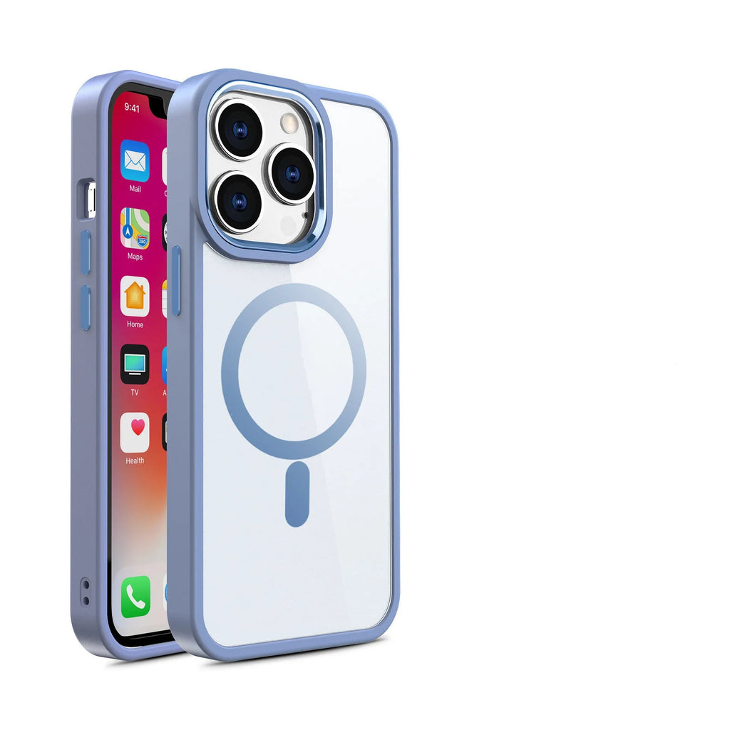 Transparent magnetic silicone phone case for iPhone showing colour options and MagSafe compatibility.