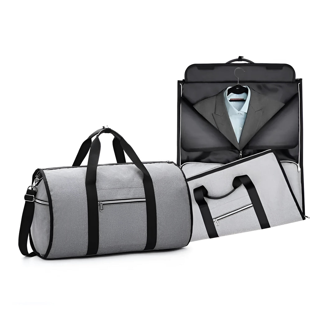 Medium cylinder-shaped travel duffle bag in black, made from Oxford cloth with a top zipper.