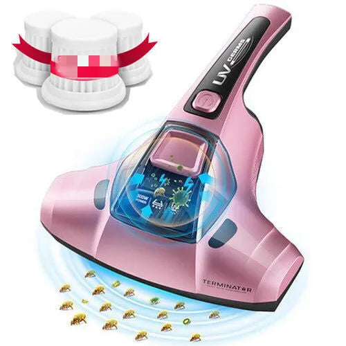 Pink handheld vacuum cleaner for mite removal with dust collection chamber and power cord