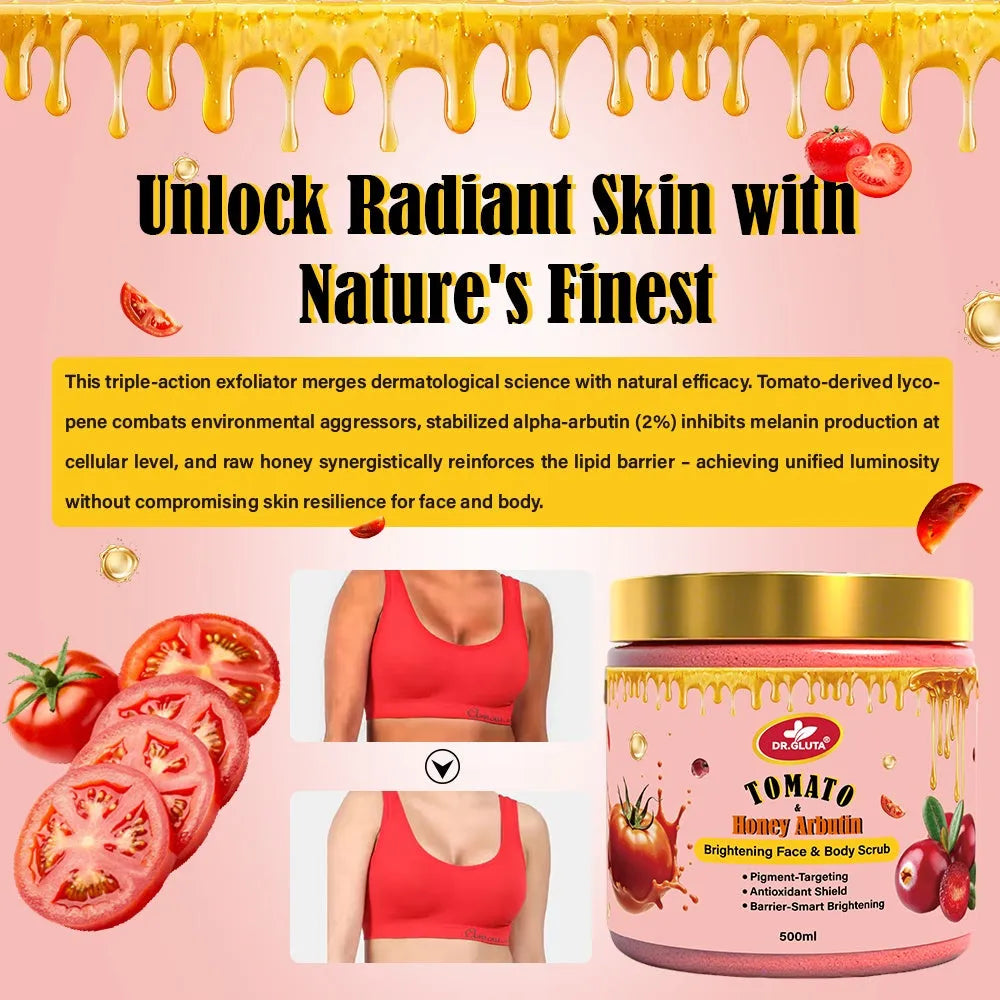 Tomato & Honey Arbutin Body Scrub 500ml jar for face and body brightening skincare