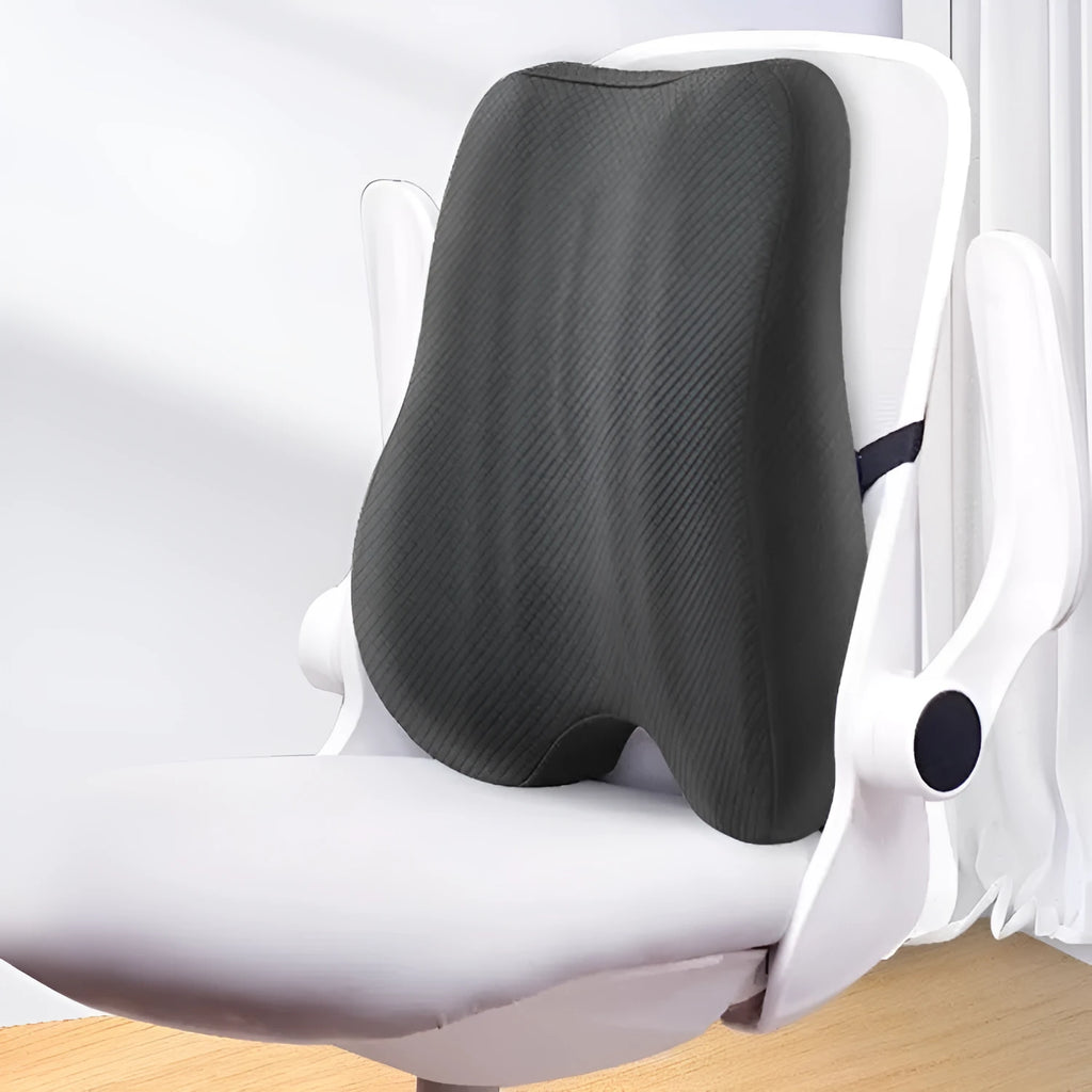 Grey lumbar support cushion for office chairs measuring 40x40x8cm with polyester fibre filling