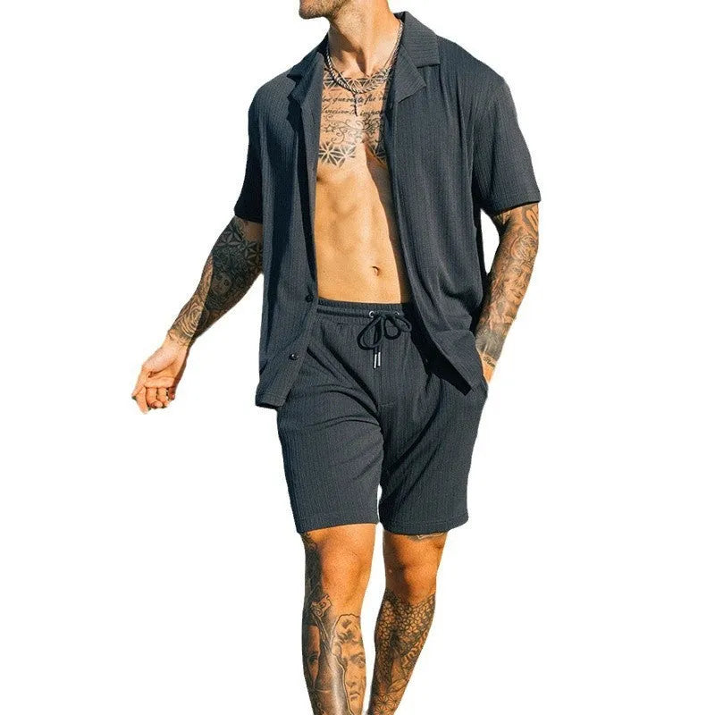 Men's two piece set with short sleeve lapel button shirt and matching shorts in cotton blend, summer beach streetwear outfit
