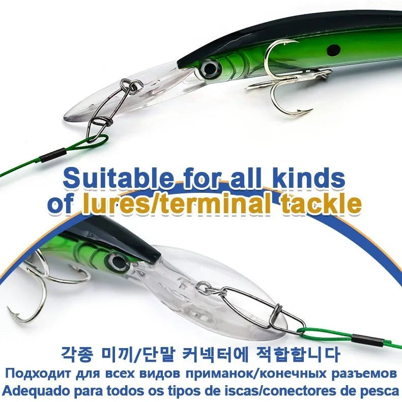 Green, black, and red steel wire fishing tackle accessories with double buckle pins, each 54cm long.
