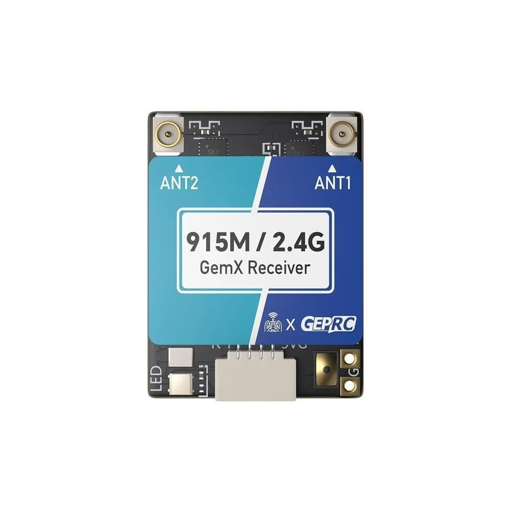 GEPRC GAP F7 Dual-frequency ELRS receiver unit with two T-shaped antennas and installation accessories.