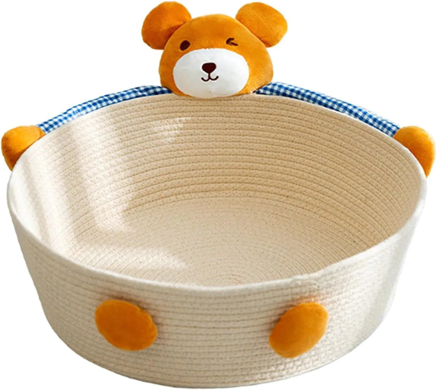 Woven cotton rope cat bed with integrated scratching board in bear design showing basket shape