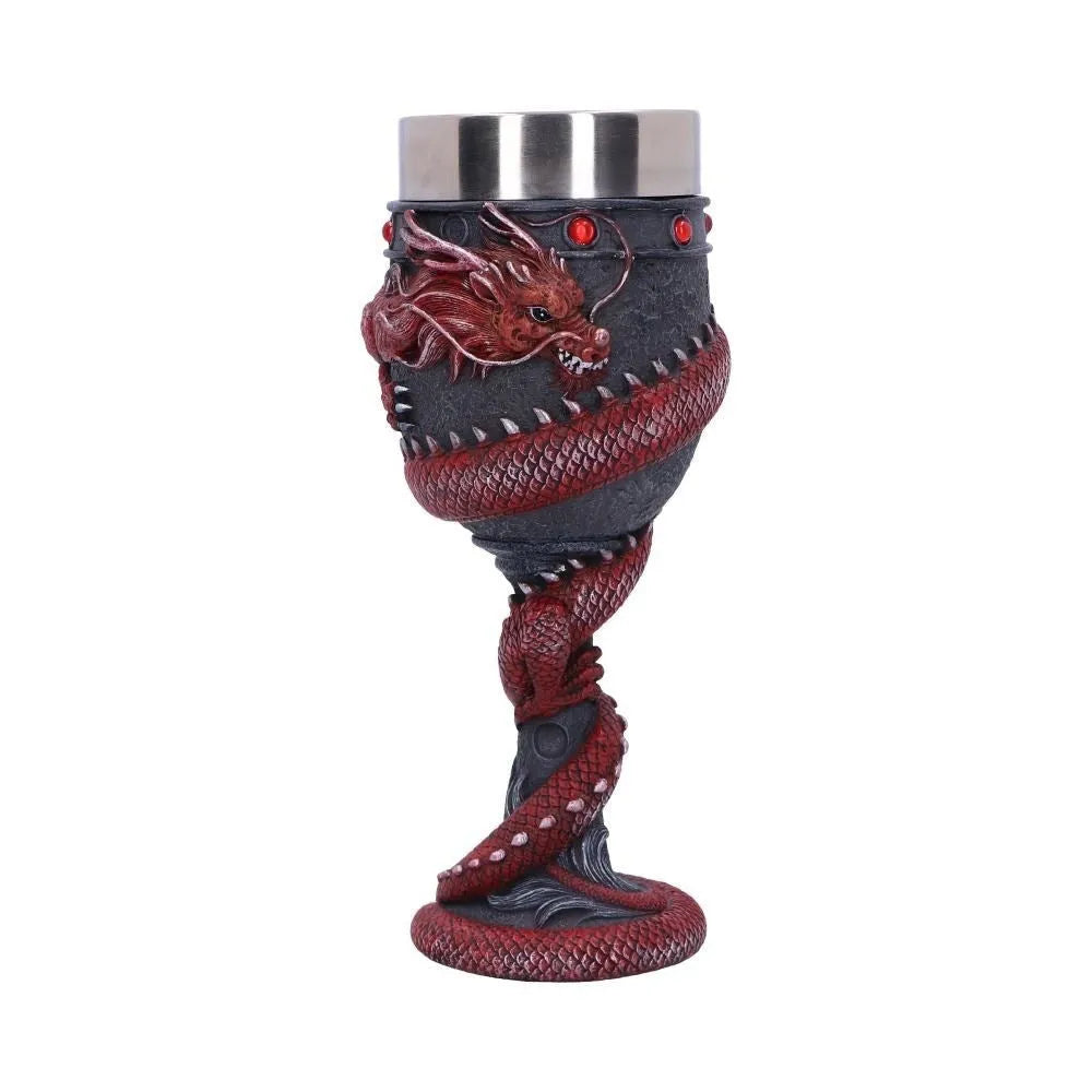 Stainless steel wine glass with Chinese dragon design in gold or red colour, 200ml capacity