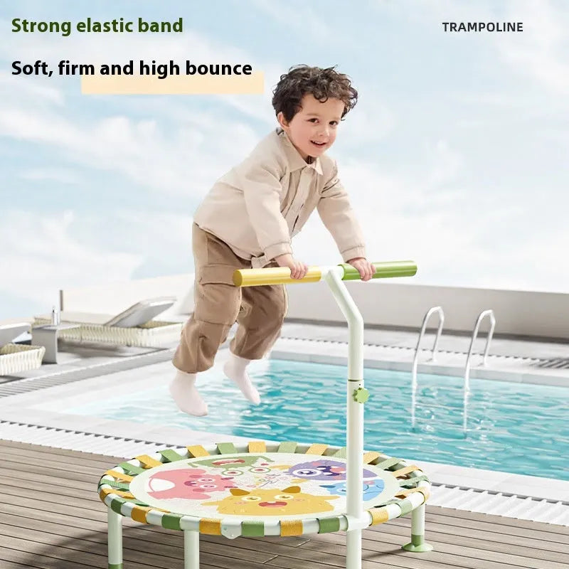 Foldable children's indoor trampoline with alloy frame and Little Monster Park shape, one bounce bed included