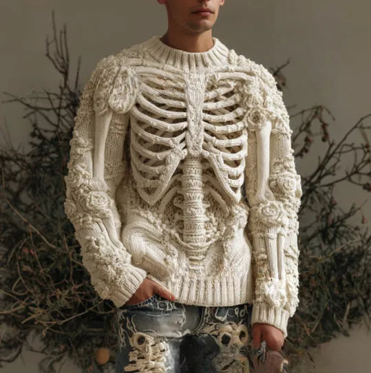 Beige round neck pullover sweater with 3D digital print, thick needle knit, medium thickness, 50cm length, sizes S to 5XL.