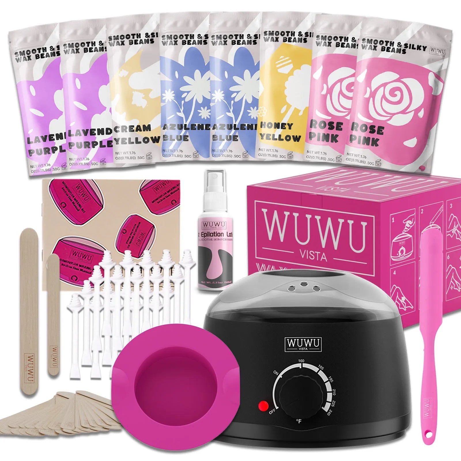 Waxing kit with warmer, wax beads, multiple applicator sticks and skincare products for hair removal