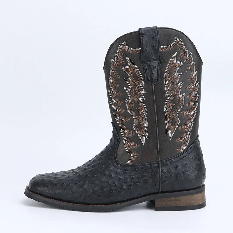Men's black western style square toe motorcycle boots with artificial leather upper and rubber sole