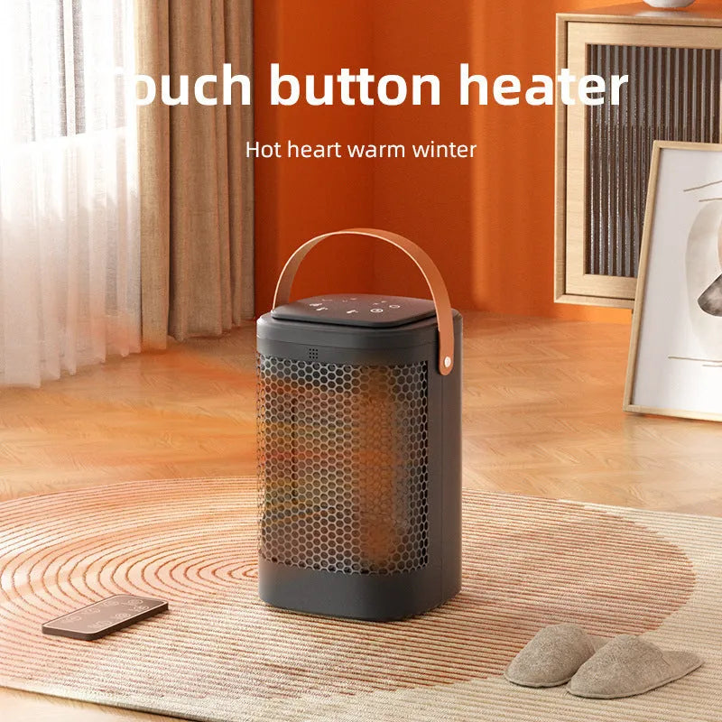 Silver touch screen electric radiator heater with remote control on a wooden desk.
