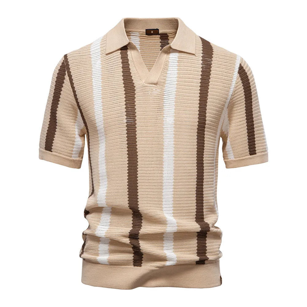 A man wearing a striped short-sleeved polo shirt in a light blue colour, showing the breathable hollow knit fabric and classic collar.