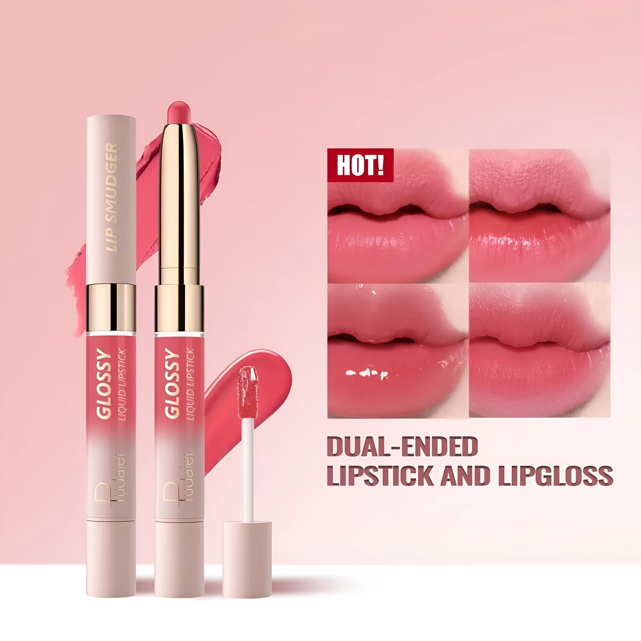 Double-headed lipstick lip gloss with matte finish showing 10 colour options