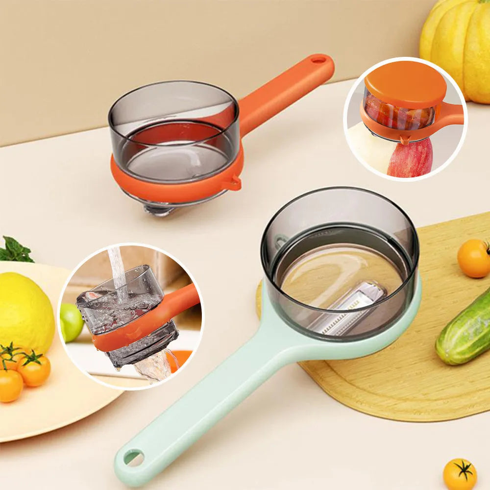 Light green kitchen peeler with integrated bucket storage for catching vegetable and fruit peels