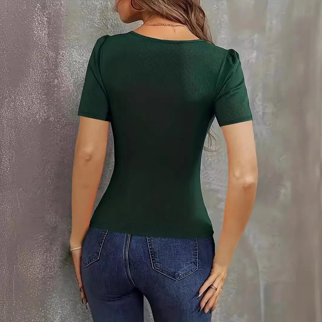 Women's wine red knitted short sleeve slim fit top on a hanger.