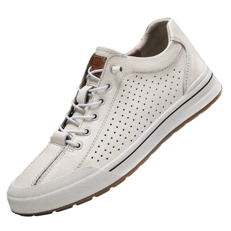 Men's white matte leather shoes with flat heel and round toe in breathable design