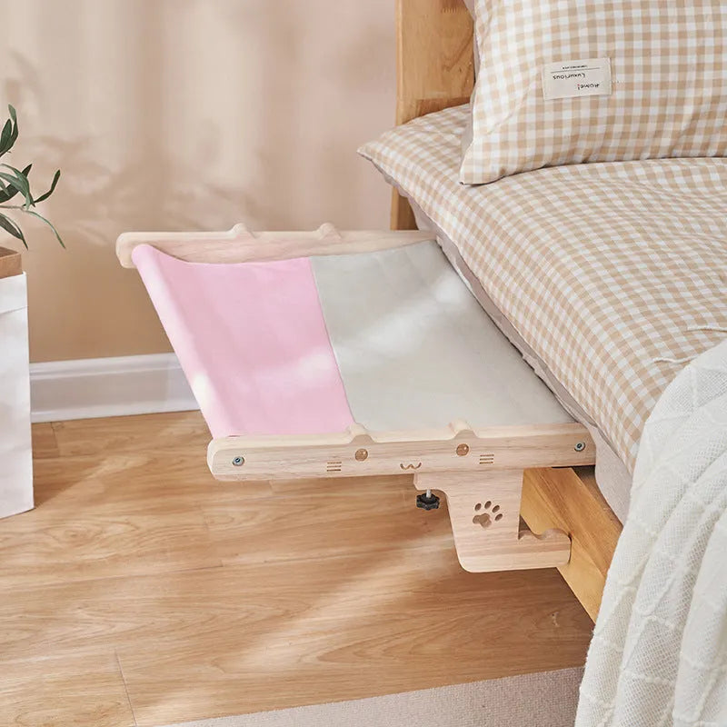 Wooden frame cat hanging bed hammock mounted on balcony railing