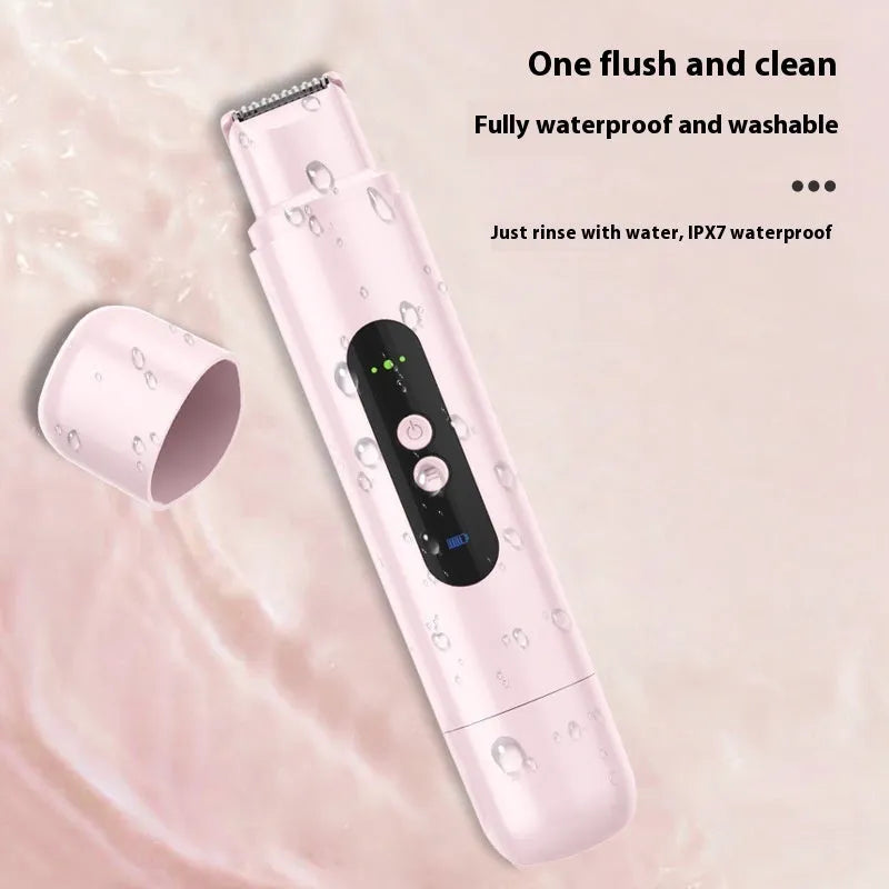 Pink and white portable electric body hair trimmer with USB cable on a white background