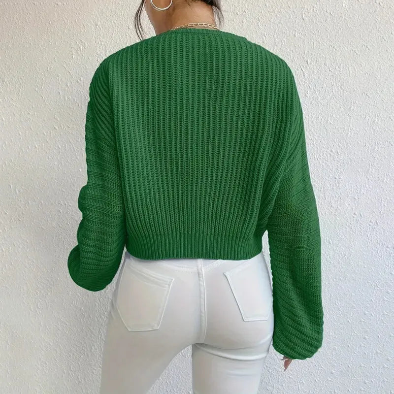 Women's solid colour long sleeve loose pullover in polyester fabric on a hanger.