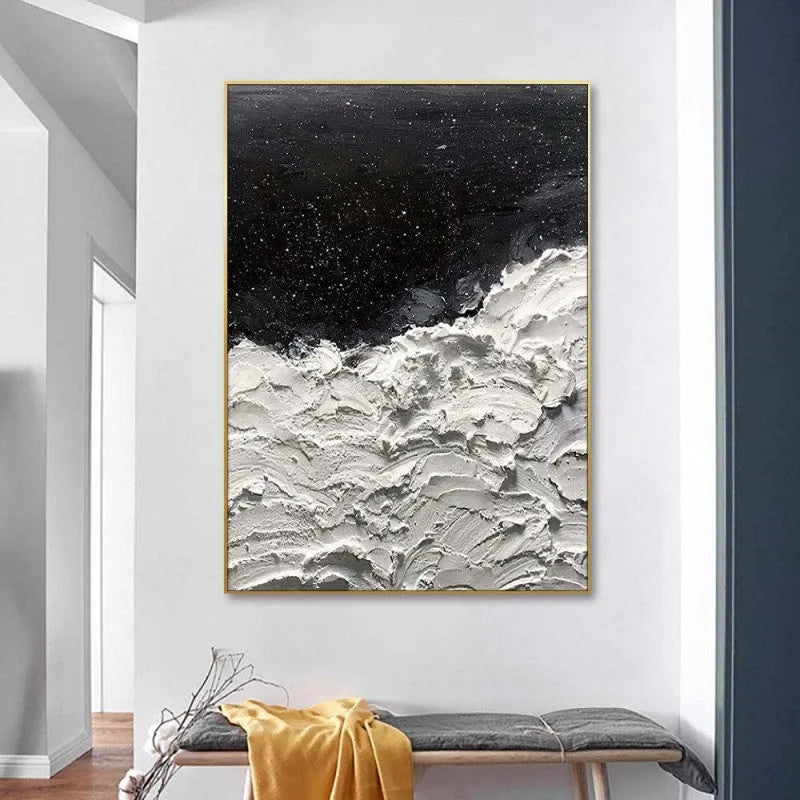 Hand-painted abstract oil painting canvas wall art Oceans Of Stars black and white seawave modern decor