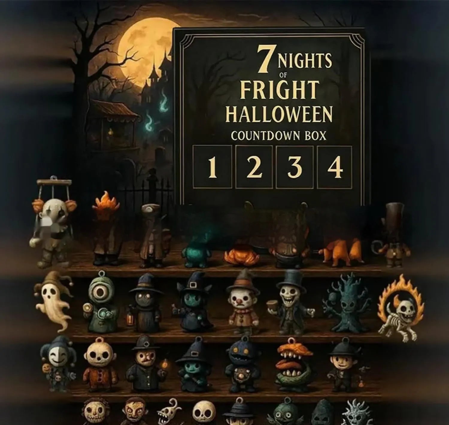 Halloween countdown advent calendar box with 31 blind box compartments containing resin horror dolls
