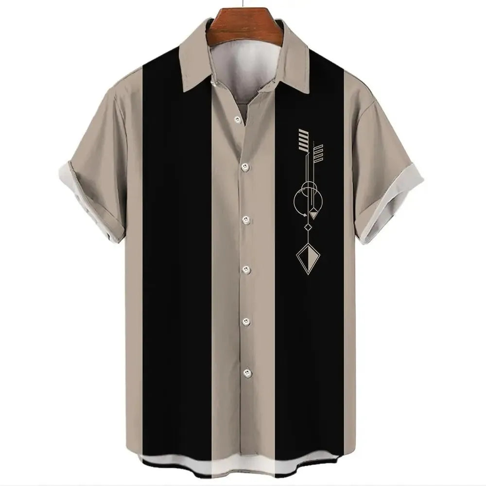 Man wearing a striped short sleeve Hawaiian shirt with button front.