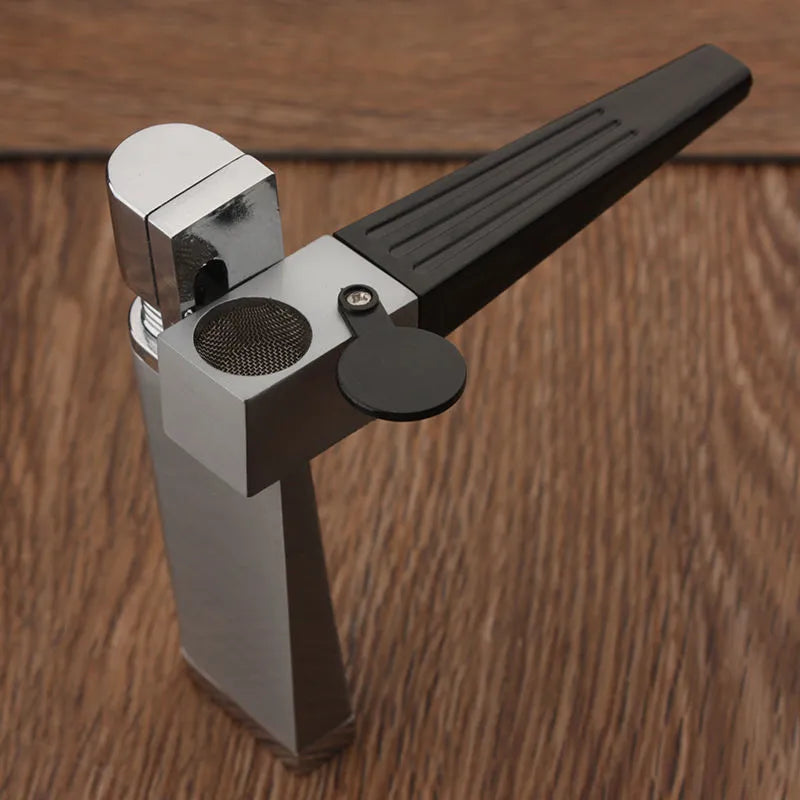 Silver foldable metal pipe lighter showing open stash compartment and ignition mechanism