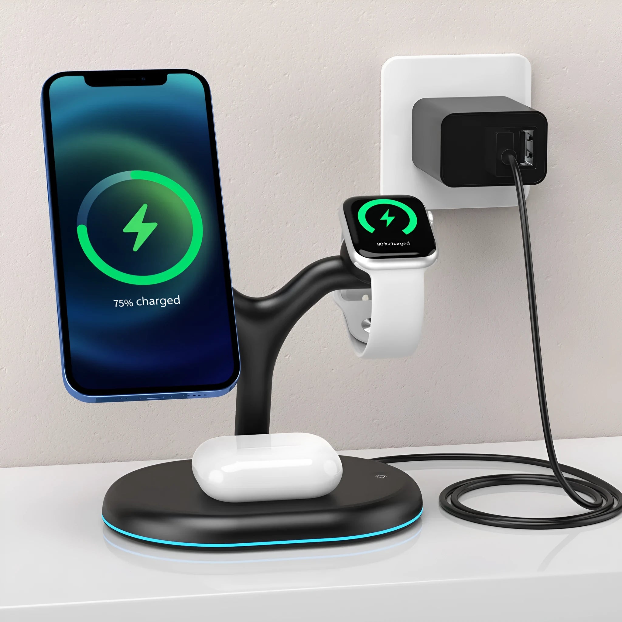 Black three-in-one magnetic wireless charging station for iPhone, AirPods, and Apple Watch on a desk