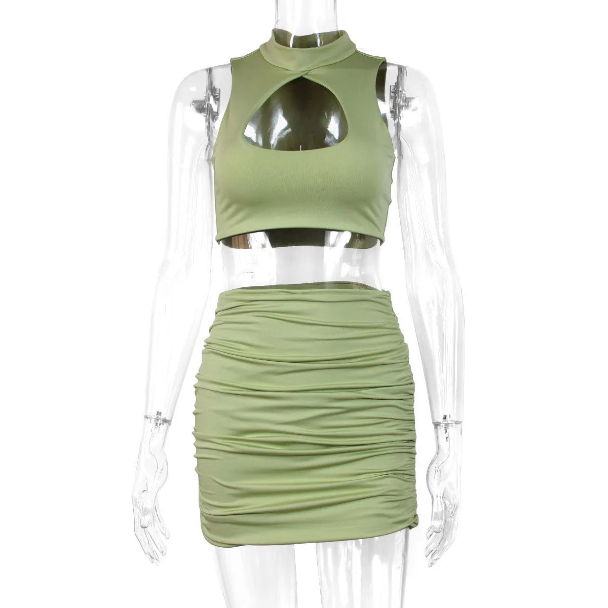 Light purple women's two-piece set featuring a hollow vest top and a matching split skirt on a model.
