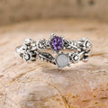 Purple gemstone flower ring for women in silver zinc alloy, available in sizes 6 to 10