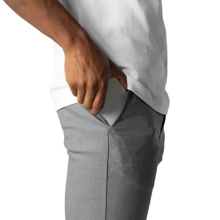 Men's casual pants in gray, pure cotton, straight-leg with high elasticity and zipper fly