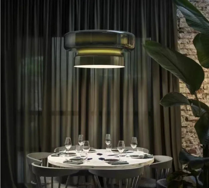 Modern minimalist glass chandelier in four colour options with dimensions 36x36x18cm
