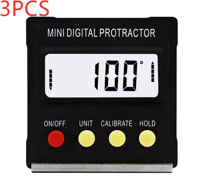 Black mini magnetic angle inclinometer, 55 x 55 x 16mm, 0.1° resolution, ±0.3° accuracy, 4×90° range.