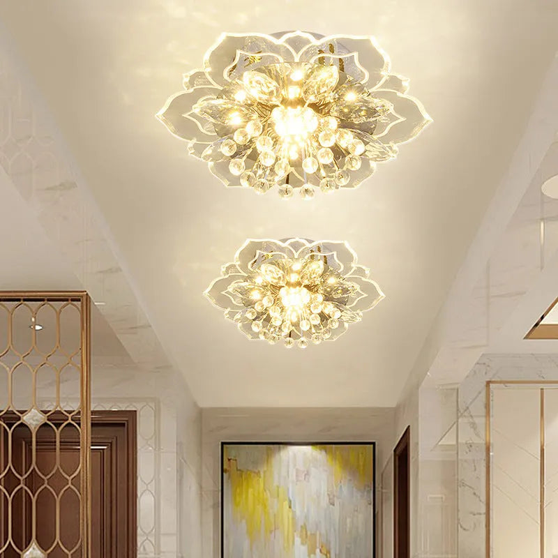 Modern flower-shaped crystal and acrylic ceiling lamp with stainless steel fittings.