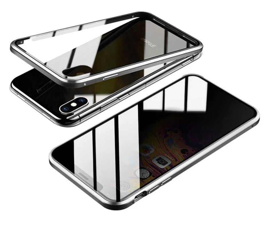 Closed black clamshell privacy case for iPhone showing front screen and sliding camera cover tabs.